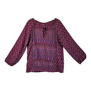 PRANA Women's M Tacana Peasant Blouse Crochet Trim Boho Aztec Balloon Sleeve 38"